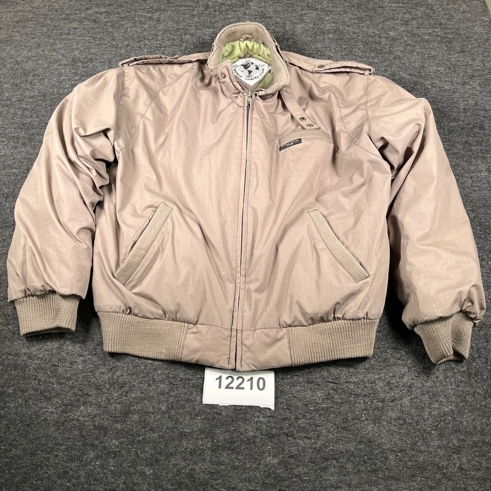 Vintage World Travel Club Bomber Jacket Mens Large Tan Knit Winter Wear Full Zip